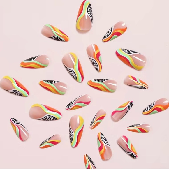 Acrylic Medium Almond Tip Racing Lines 70s Cool Pattern Retro Mod Nails - Picture 4 of 6